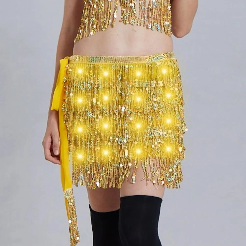 

Belt Wrap Belly Dance Hip Scarf Shiny Star Fringe Light Up Hip Scarf Lace-up Night Club LED Sequin Tassel Skirts Festival