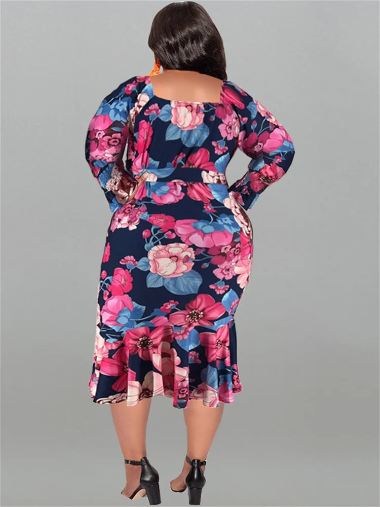 Wmstar Plus Size Dresses Women Floral Printed Fashion Long Sleeve Shirts New In Fall Maxi Dress Wholesale Dropshipping with Belt