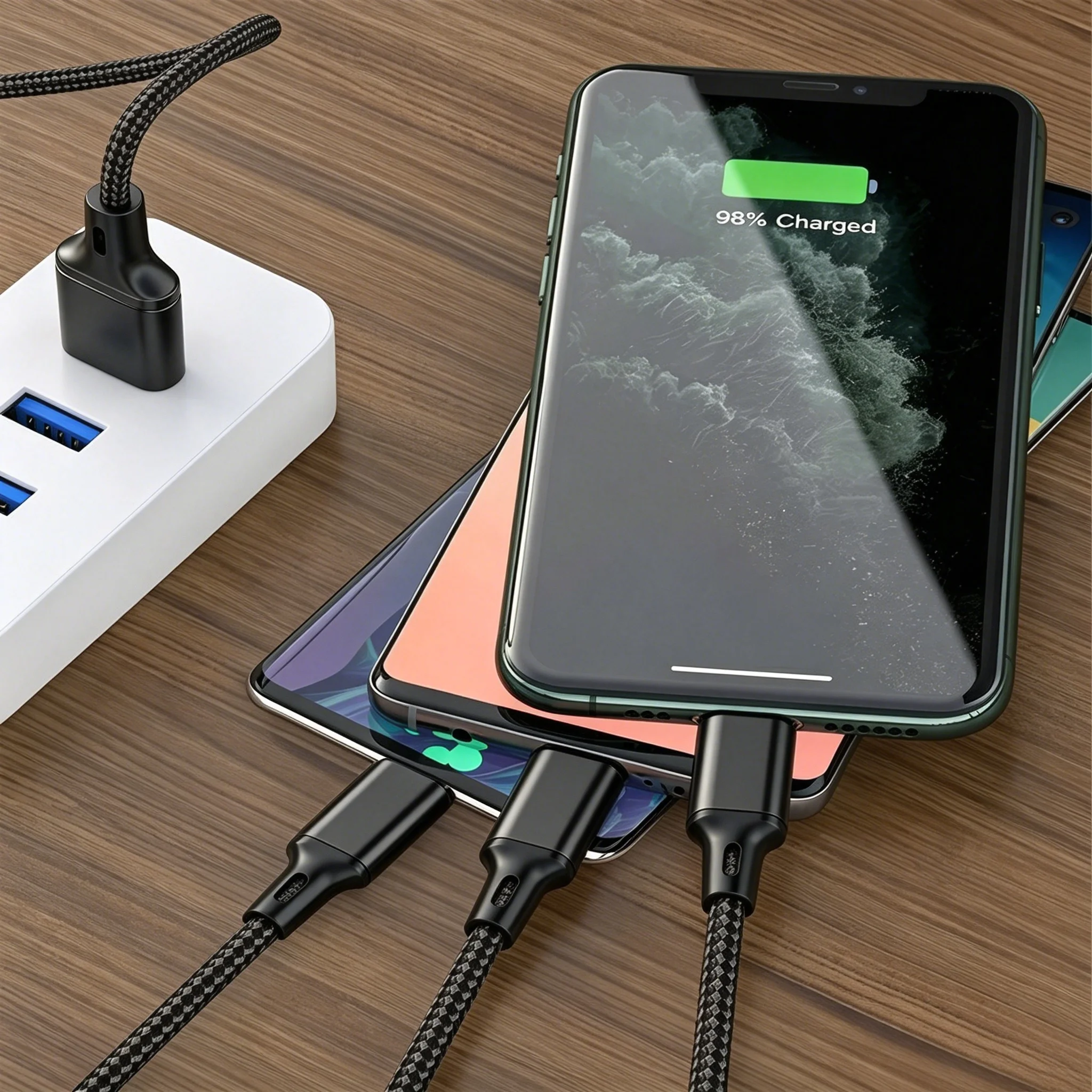 3 in 1 Milti-Port USB-A Fast Charging Cable For iPhone Huawei Honor Xiaomi Redmi POCO Micro USB Type C Charge Cable Braided Wire