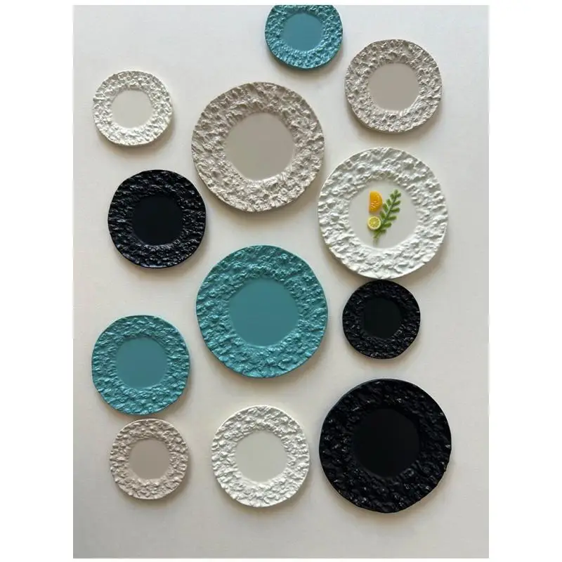 Miniature Round Steak Plate Dollhouse Rock Pattern 3Pcs Set Resin Food Dessert Dish for Pretend Play Tableware Toy