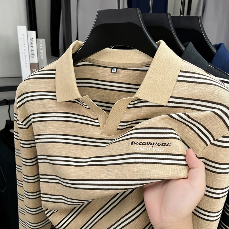 Fashion striped color blocked long sleeve polo shirt luxury brand letter embroidery men's new comfort personality lapel T-shirt