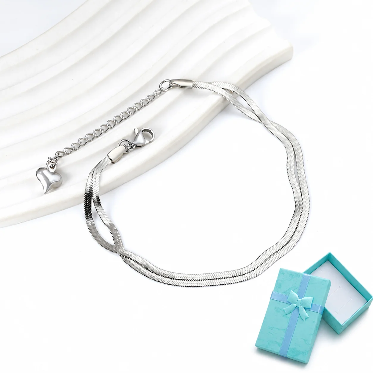 Mit Geschenkbox Doppellagiges Schlangen-Fischgrät-Ketten-Fußkettchen für Frauen Edelstahl Gold Silber Farbe Minimalistischer Fußschmuck – Detail 2