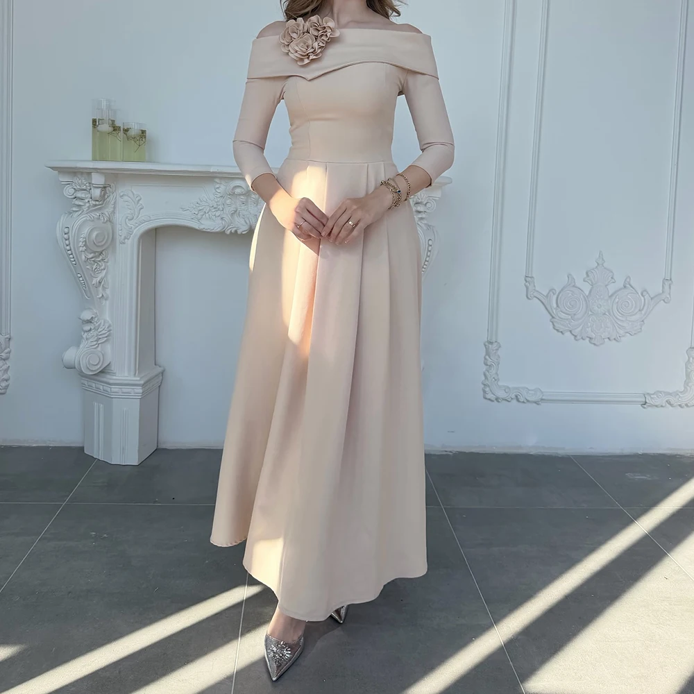 فساتين سهرة مخصصة على شكل حرف a بطول الكاحل قبالة الكتف ثلاثة أرباع كم فستان حفلات موضة الزهور ثنيات فستان الحفلات #1