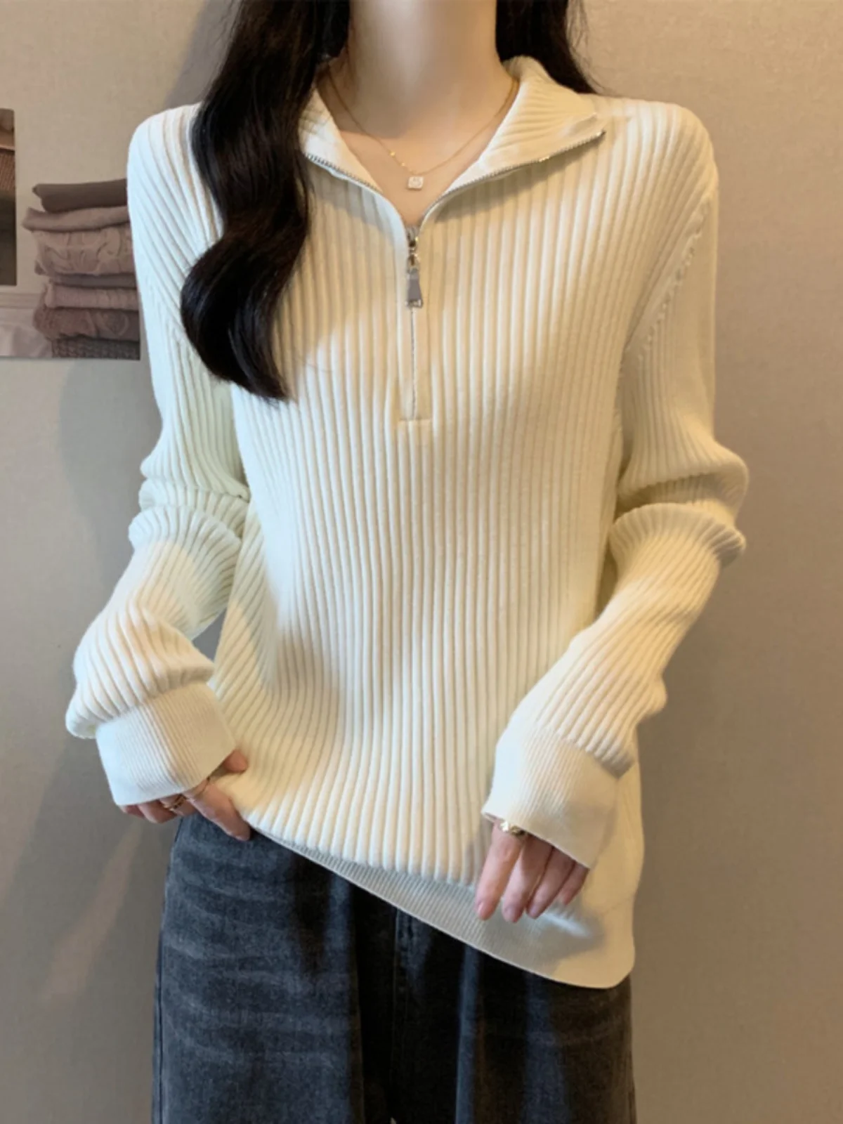 

Свободный трикотаж на молнии, женский базовый свитер с высоким воротником, осень-зима, теплая корейская внутренняя одежда