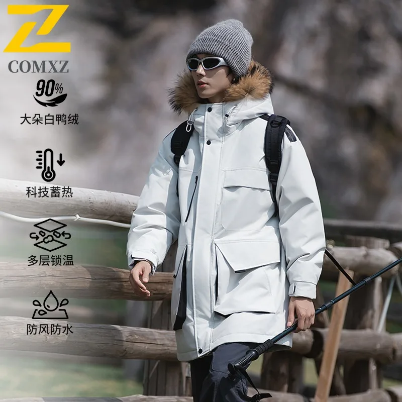 COMXZ Men Hardshell Puffer Jacket New Hooded Climbing Cold Protection Down Coat 90 Percent White Duck Down Windproof Autumn Coat