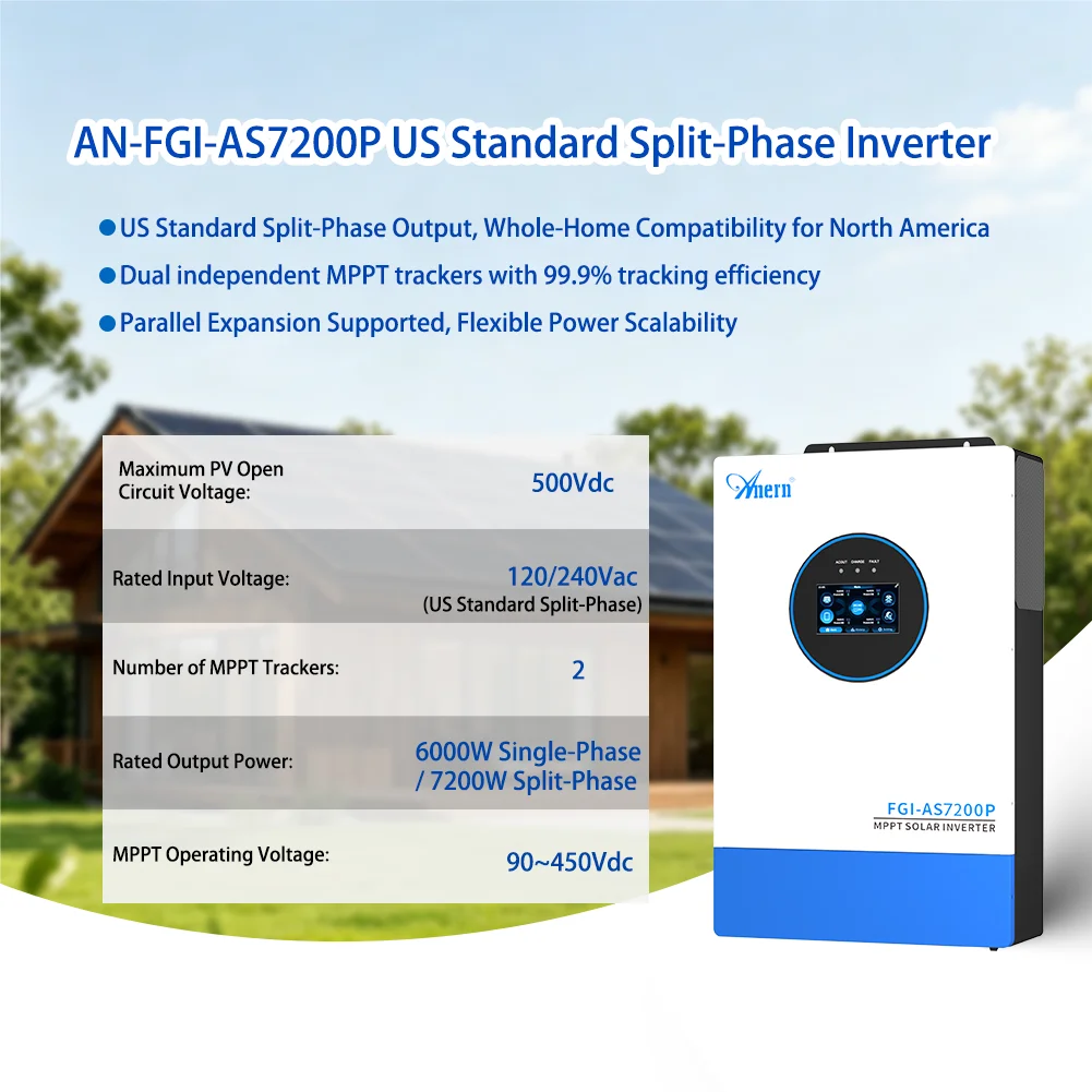 Anern 120/240Vac Single/ Split Phase MPPT Solar Inverter 7200W 10000W 12000W Pure Sine Wave For Lead Acid Or Lithium Battery