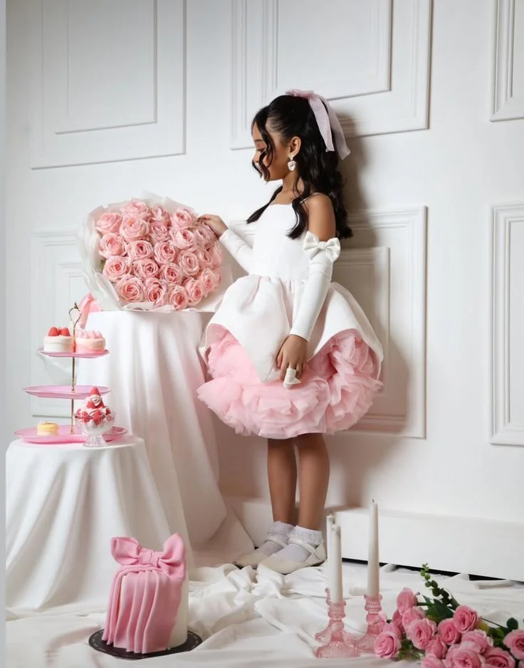 Customized White Satin Pink Tulle Flower Girl Dress For Birthday Photoshoot Mini High Low Skirt Spaghetti Strap Bow Long Mesh