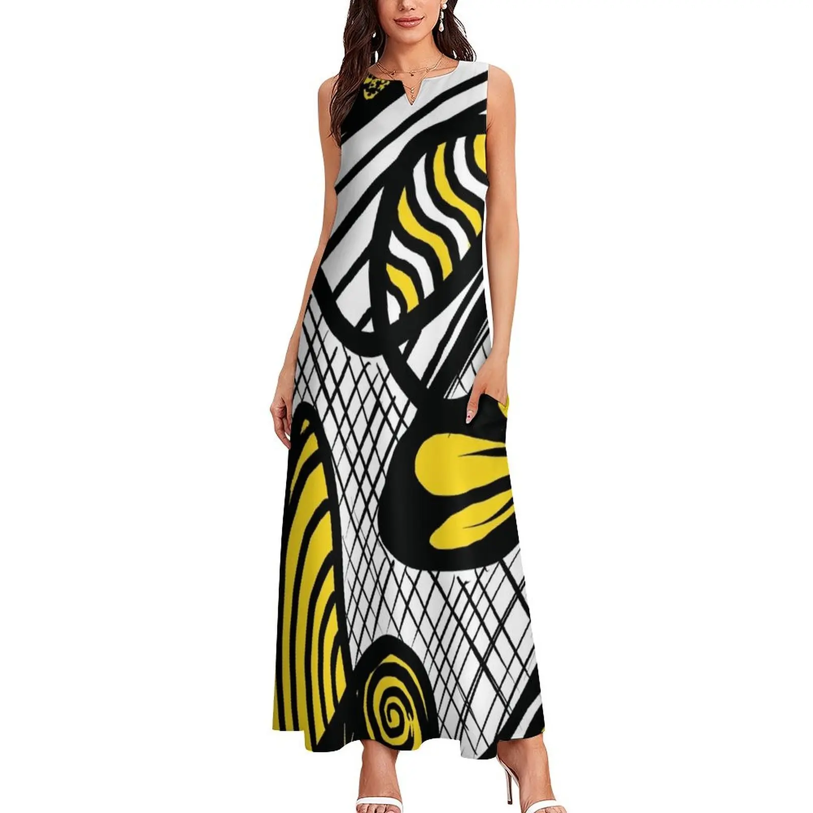 Patterns Within Patterns In Black And Yellow Ink Long Dress birthday dresses for women Woman clothes