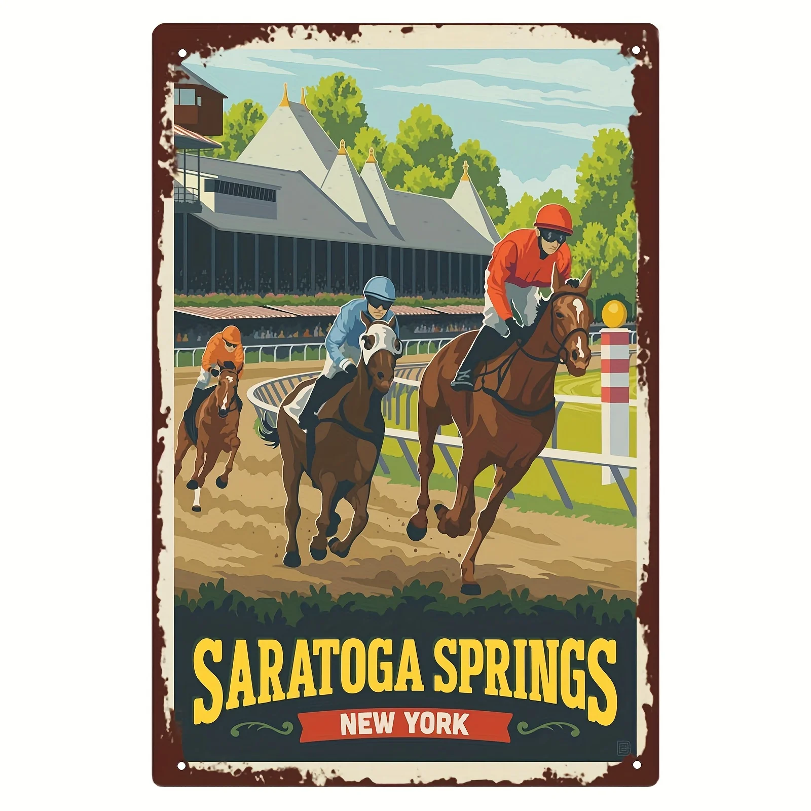 Saratoga Springs NY Vintage Horse Racing Poster Art - Antique Aluminum Wall Sign, , Rustic Decor, Multifunction