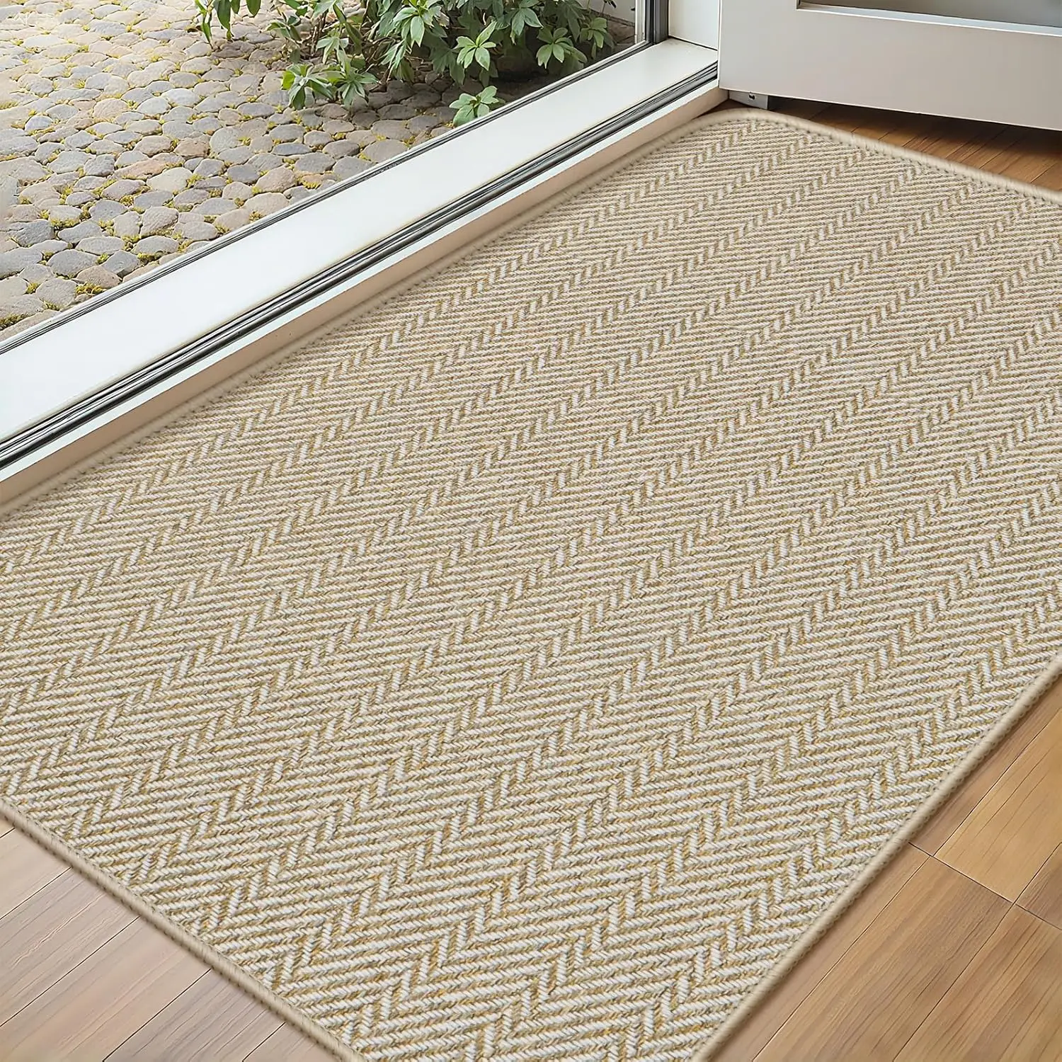 

Ultra Thin Door Mat 17x29, Low-Profile Entry Mat, Non Slip Rubber Backing, Herringbone Design Dirt Trapper, Beige
