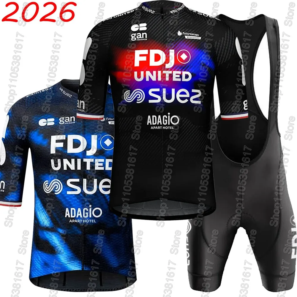 FDJ SUEZ 2026 Team Radsport-Trikot-Set Unisex Frankreich Bekleidung Herren Damen Kurzarm-Kit Rennrad-Shirt Anzug Fahrrad-Trägerhose