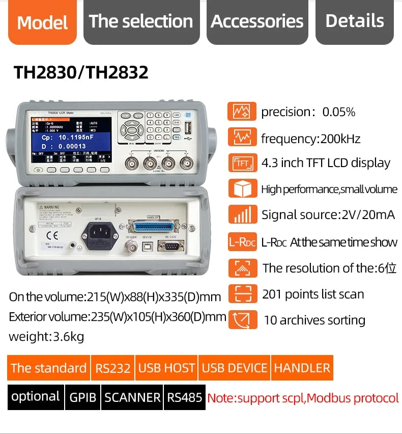 TH2830 akurasi pengukur LCR Digital, 0.05% 50 hz-100 kHz penguji induktansi resistansi kapasitansi frekuensi kontinyu