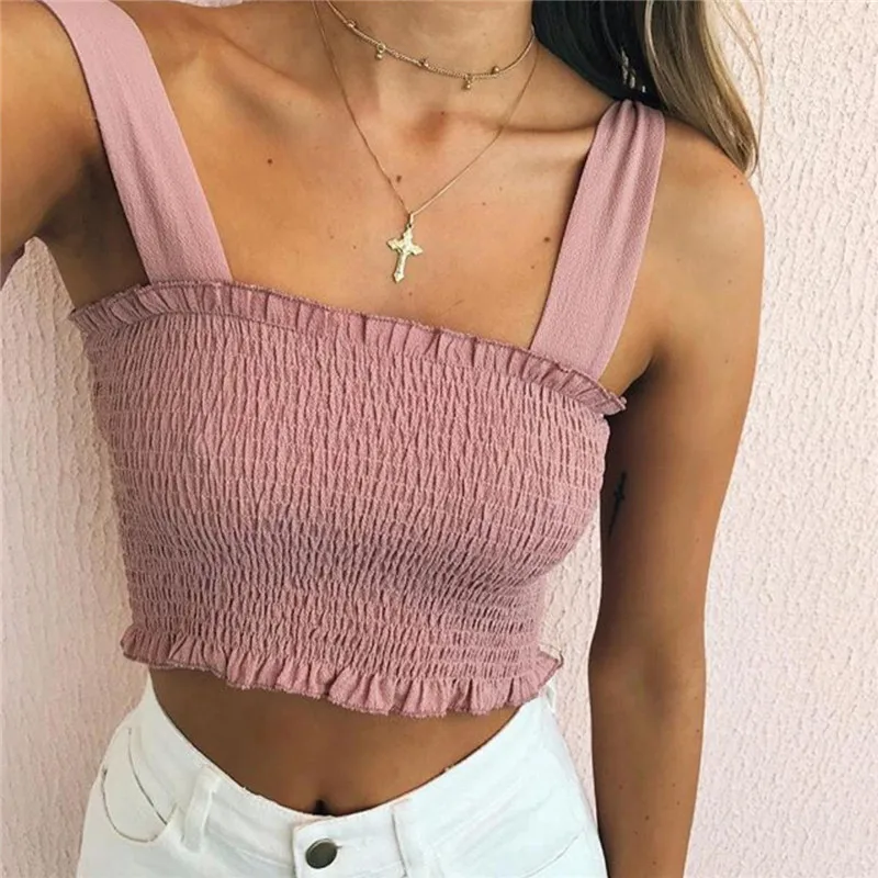 Sexy Tank Top Off Shoulder Strap Cor Sólida Dobras Halter Colheita Tops Mulheres Sem Mangas Colete Cropped Camisole Tubo Top Feminino