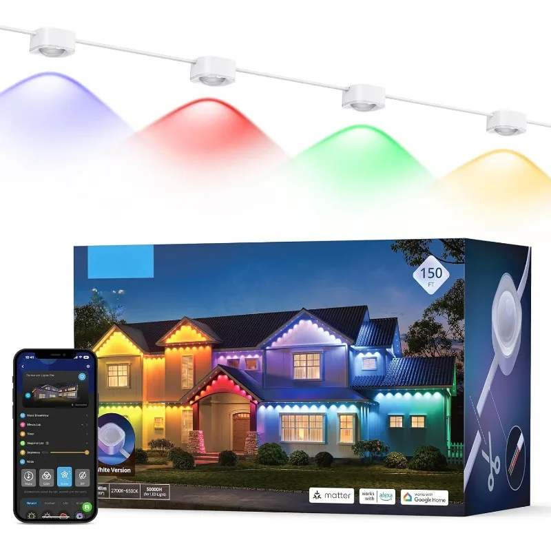 home.Permanent Outdoor Lights Pro, 150ft with 90 RGBIC LED Lights for Daily and Accent Lighting, Google Assistant, Matter, White