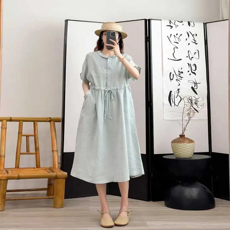 

Japanese Vintage Mori Girl Solid Color Drawstring Waist Linen Dress Women Summer Turn Down Collar Short Sleeve Casual Dresses