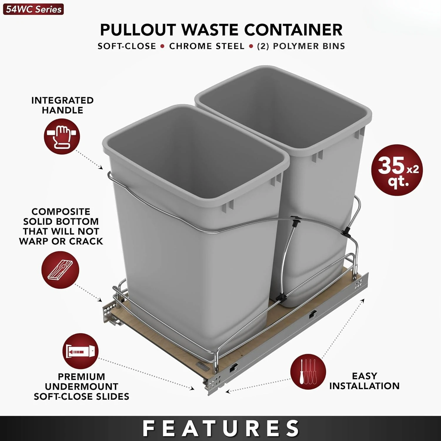 Steel Bottom Mount Double 35 Quart 8.75 Gallon Waste Bin Trash Container for Under Kitchen Cabinet with Soft Close, Gray