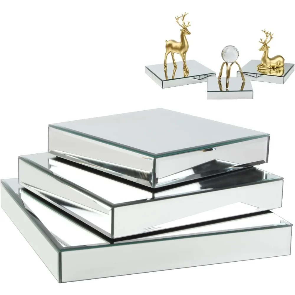 Square mirror reflection display platform column stand, silver mirror wallet shoe table center display shelf ornament shelf