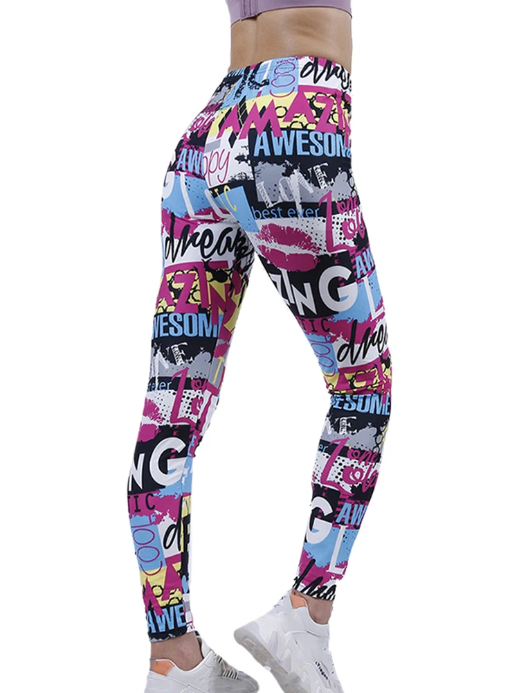 Visnxgi mulheres leggings calças esportivas femme elástico empurrar para cima fitness novo ginásio de cintura alta workout graffiti carta impressão jogging