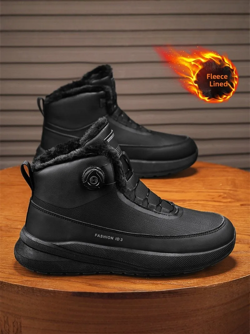 

Men's High-Top Fleece Lined Winter Boots Leather Fur Integrated Snow Boots Work Shoes Warm Cold Proof Black Safety Cotton Shoes