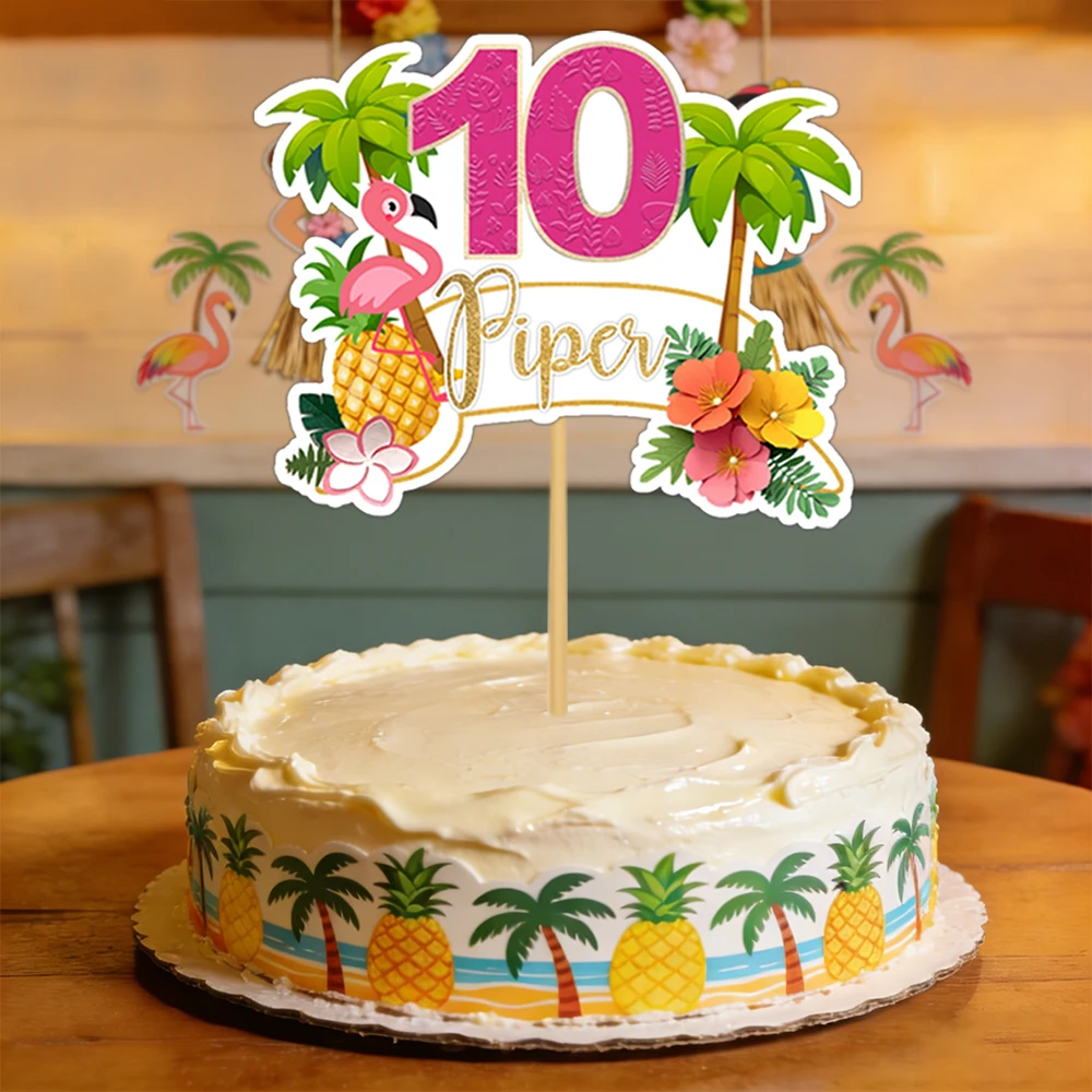 1 Stück personalisierter Kuchenaufsatz im hawaiianischen Flamingo-Design mit individuellem Namen und Alter, Dekoration für Geburtstagsfeiern im hawaiianischen Stil