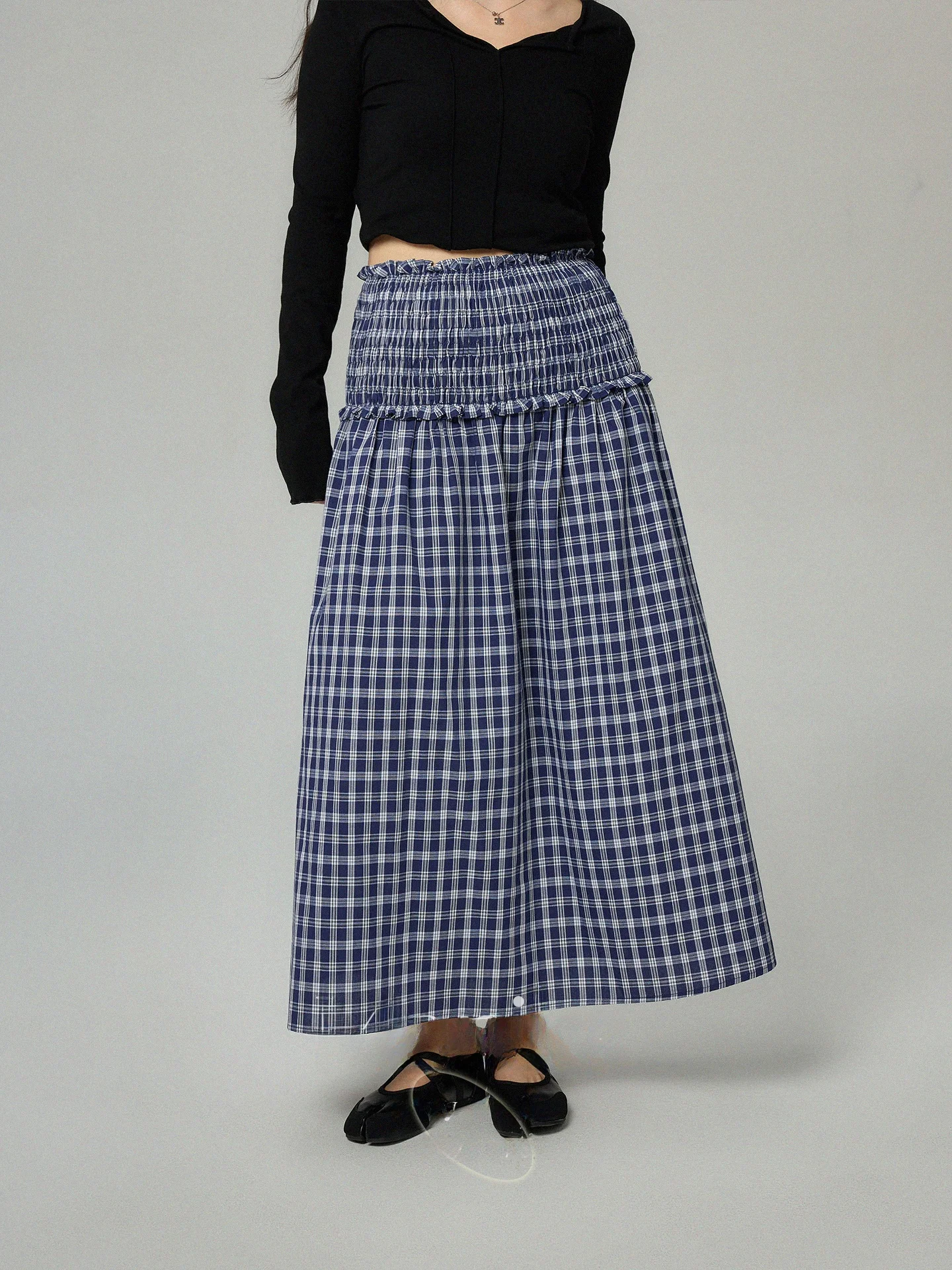 

plus Size Blue Plaid Spring Fashion High Waist Korean Style Half-length Skirt A-line Long Sleeve Casual Cotton Polyester Skirt