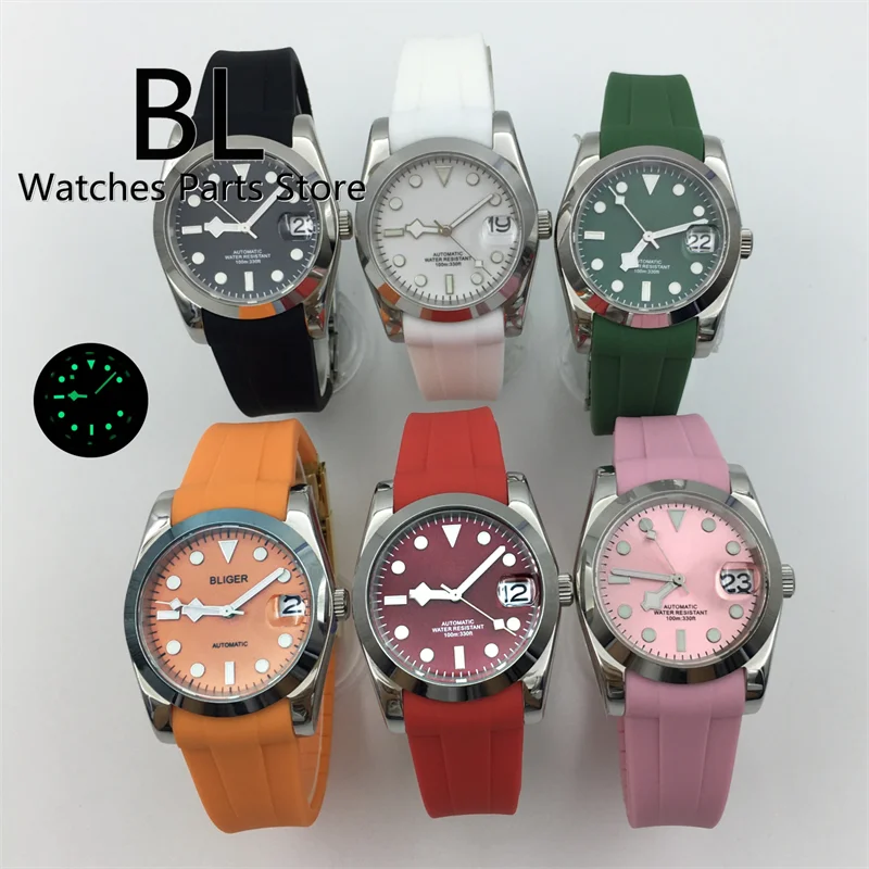 BLIGER 36mm/39mm Multicolor Fashion Watch RED Orange Pink Dial Green Luminous NH35 Movement Polished Sapphire Glass Rubber Strap