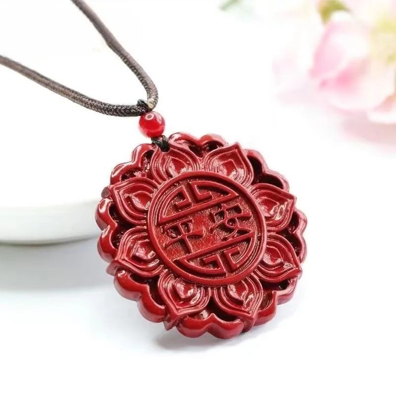 Cinnabar Eight Treasures Lotus Ping An Brand Pendant Men's and Women's Same Necklace Jewelry