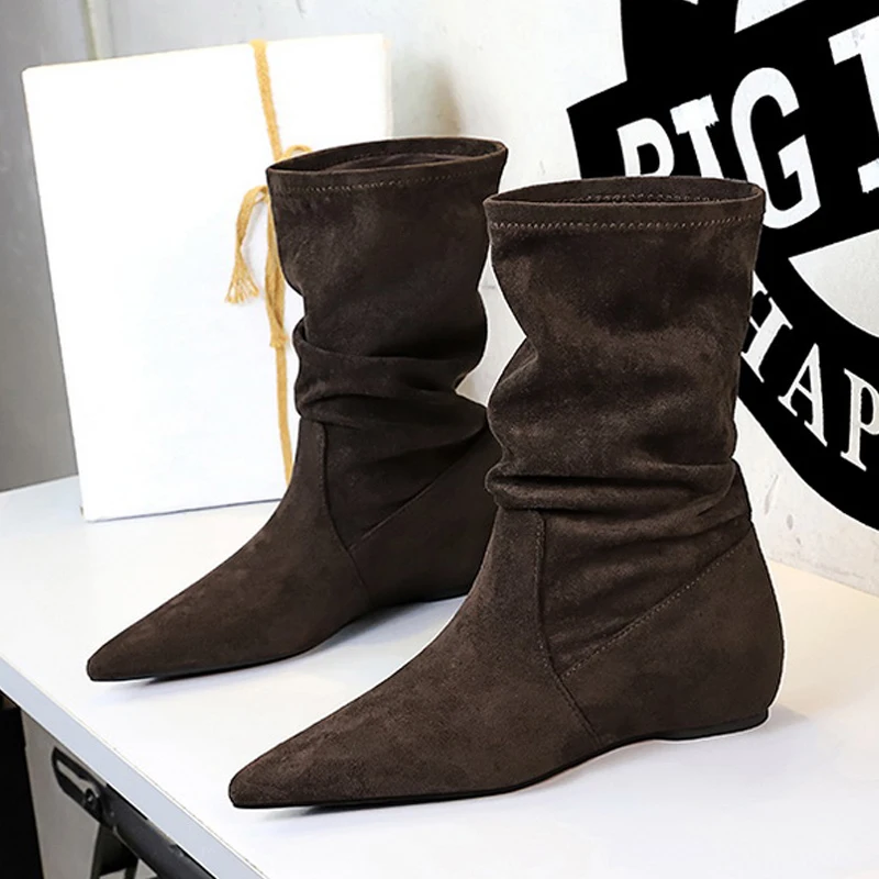

BIGTREE Winter Fashion Pleated Vintage Pointed Toe Ankle Boots Women Designer Low Wedges Heel Vintage Shoes Zapatos De Mujer
