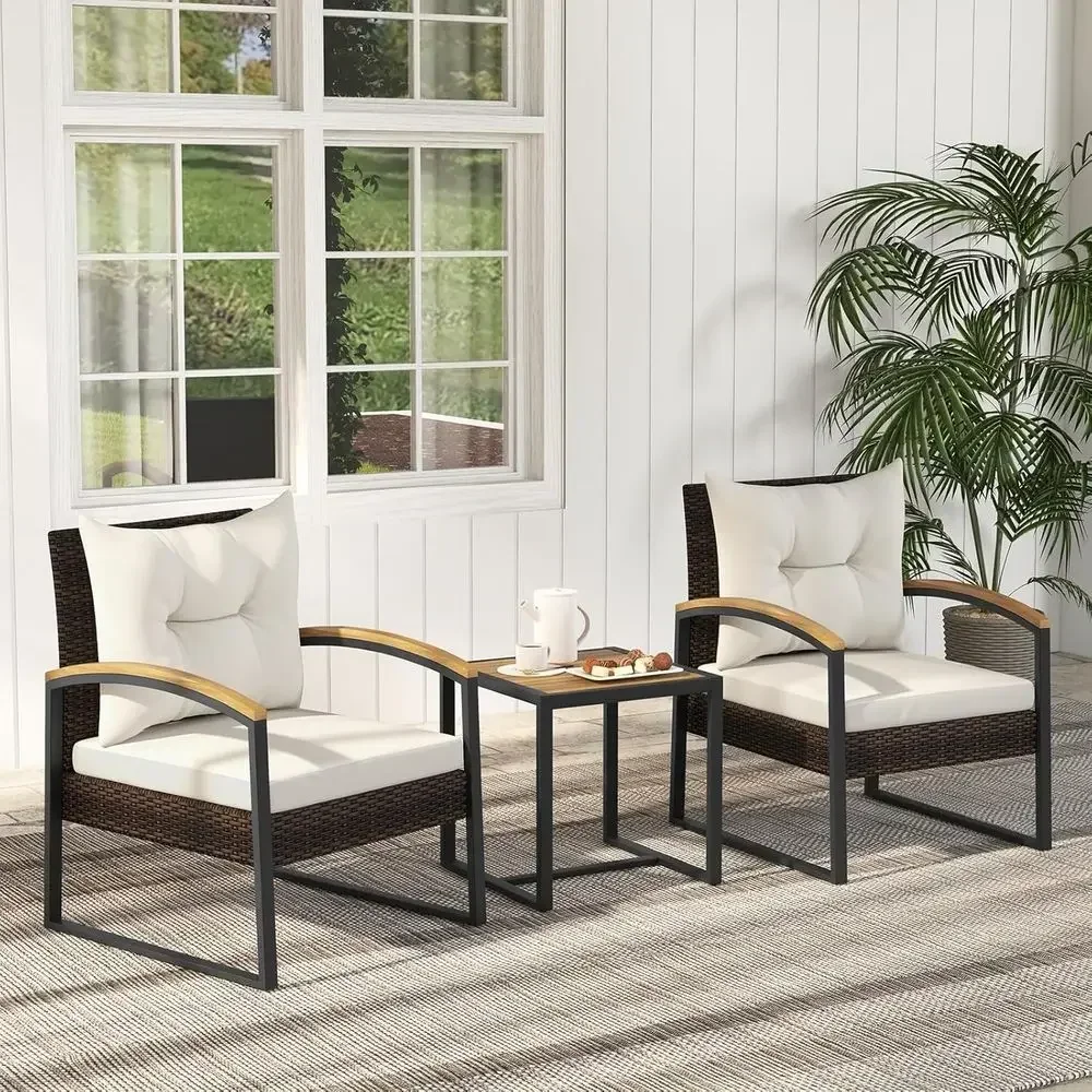 3-Piece Outdoor Wicker Furniture Set with 2 Chairs and Coffee Table, Acacia Wood Frame, Cushioned for Patio, Backyard, Poolside,