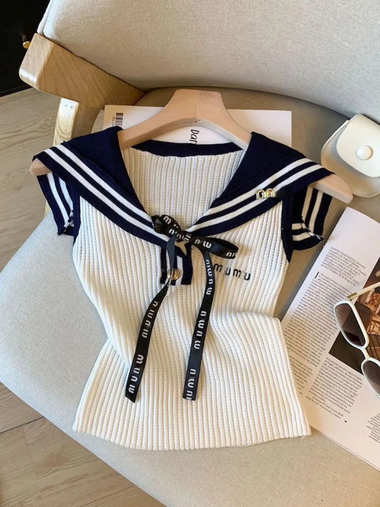 Women's Summer New Style Bow Tie Shawl Neck Short Small Top Small Fragrant Letter Embroidered Knitted Sweet Slim Vest