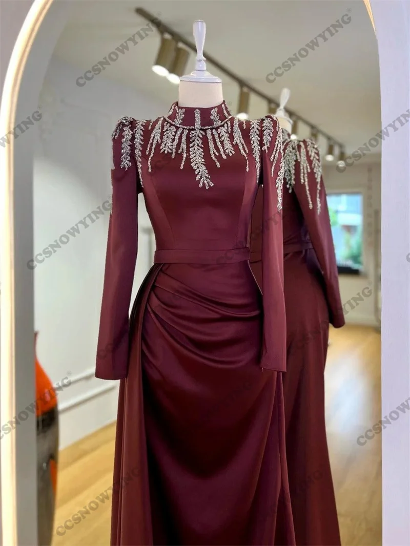 Burgundy Satin Beaded Muslim Evening Dresses Long Sleeve Hijab Islamic Formal Party Gown Arabic Dubai Women Robes De Soirée