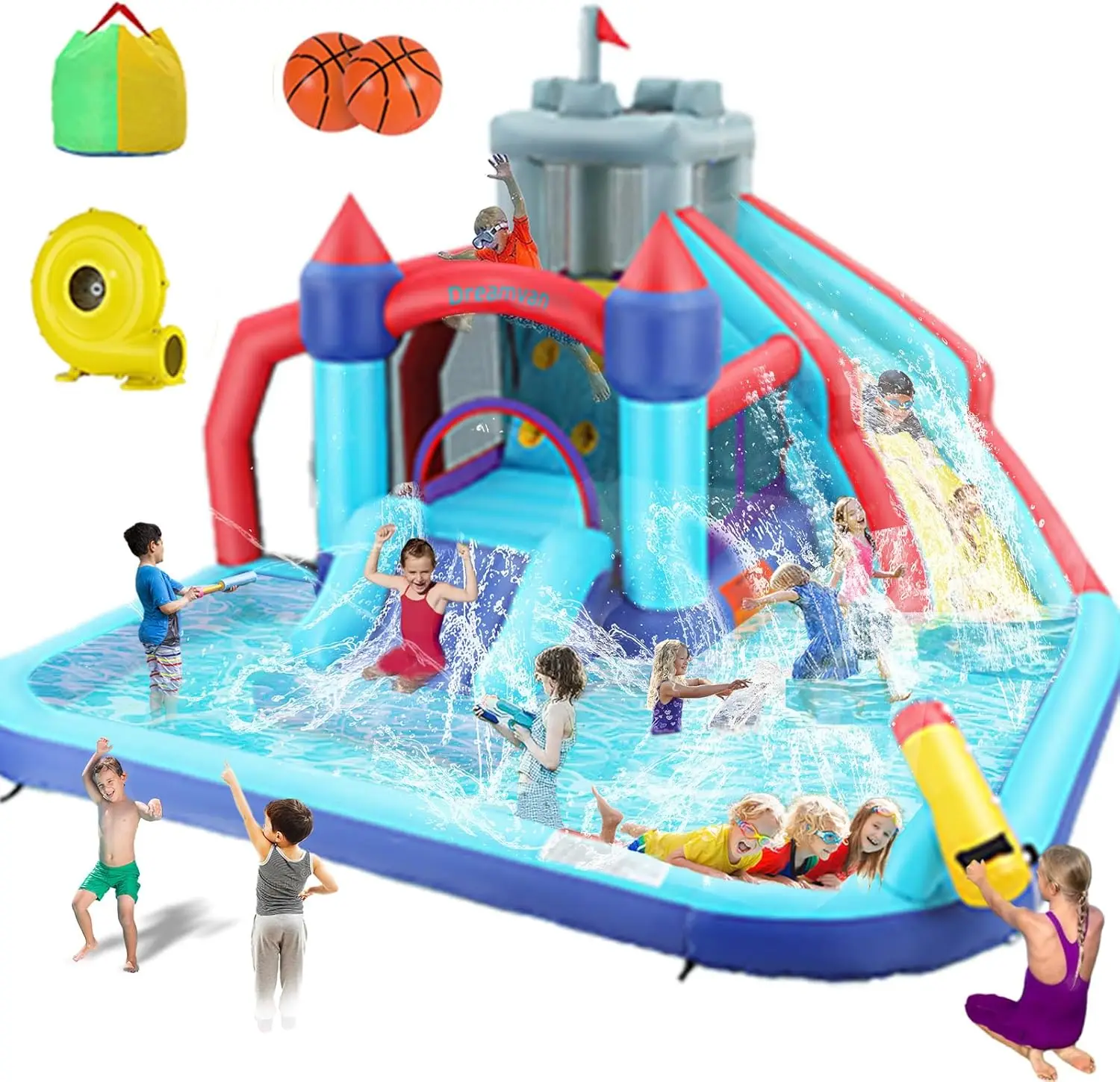 Grote Opblaasbare Waterglijbaan Voor Kinderen, 13x12ft 10-In-1 Waterglijbaan Bounce Huis Met Zwembad/Klimmuur/Springgebied/2 Glijbanen, G