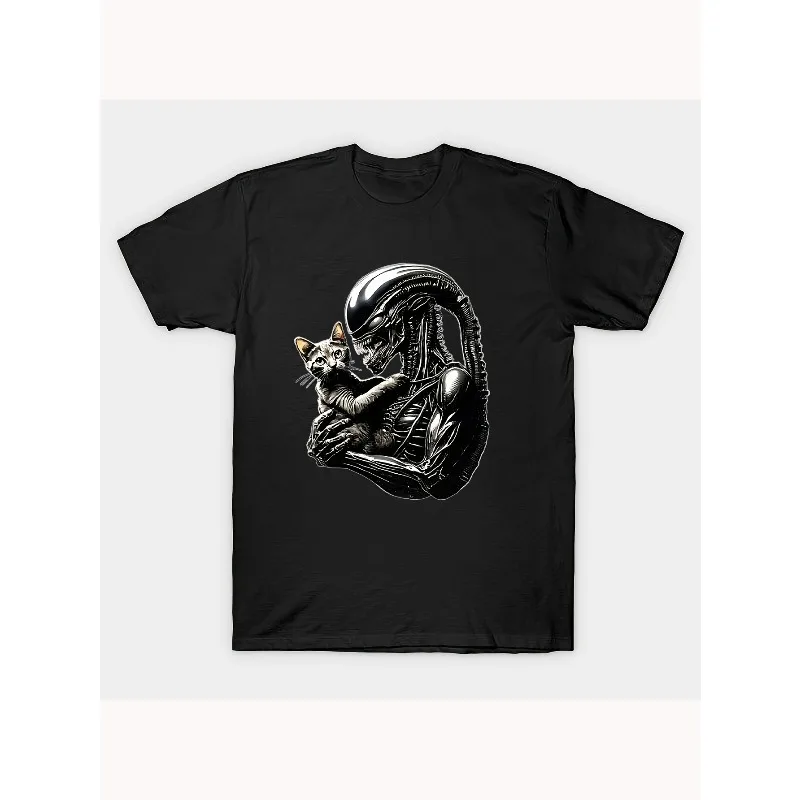 Alien Grey Cat Sci Fi Horror T-shirt Y2K Men's T-shirt Four Seasons New Style Unisex High Street T-shirt