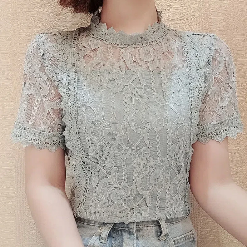 Korean Fashion Summer Women\'s Solid Stand Collar Lace Patchwork Hollow Out Simplicity Versatile Loose Short Sleeve T-Shirt Tops