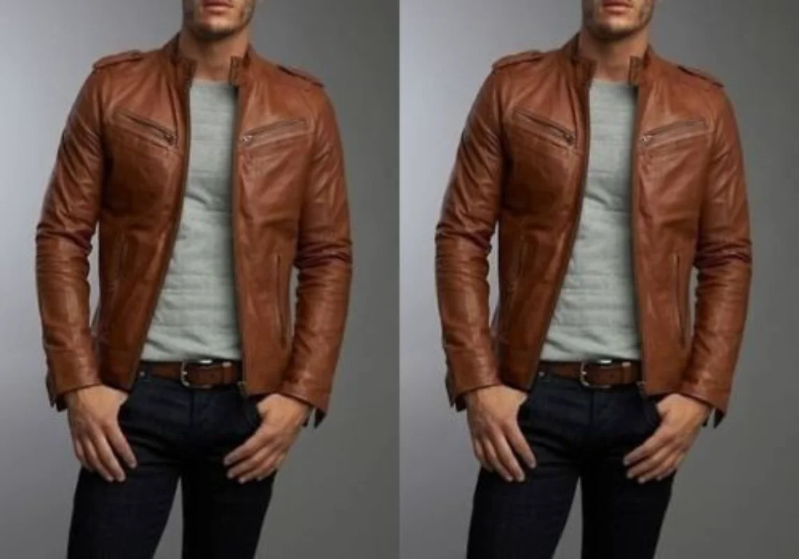 

Men Real Lambskin Leather Jacket Tan Brown Slim Fit Motorcycle Biker Jacket Genuine Leather Coat