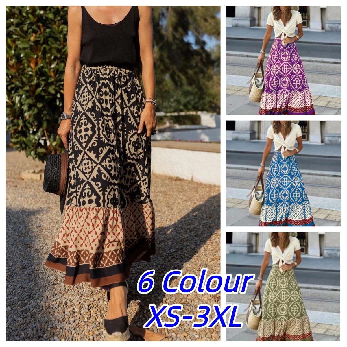 Elegant Women Green Print Elastic Waist Skirt Spring Summer Femme Patchwork Slim SkirtStreetwear Casual Ankle-Length Long Skirt