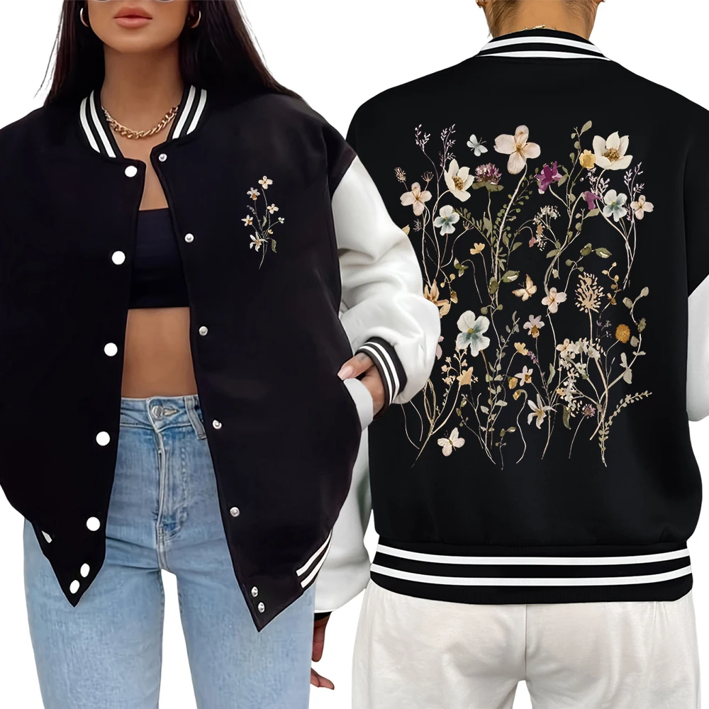 

Blooming Flower Clusters Print Baseball Jersey Women Soft All-Match Jacket Casual Loose Clothes Autumn Comfortable Streetwear