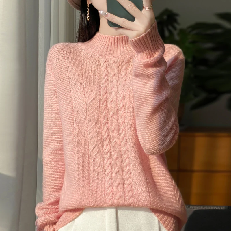 100% Pure Wool Knitted Sweater Women's New Seven Needle Thick Solid Color Semi High Neck Knitted Sweater Loose Knitted Top