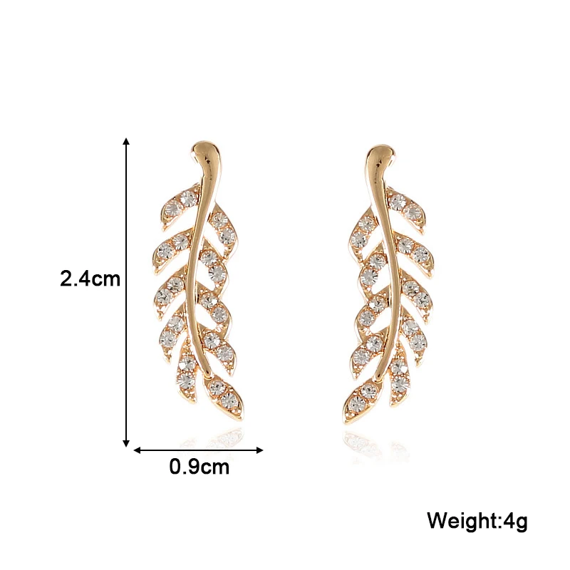 2024 New Crystal Feather Stud Earrings for Women Gold Color Silver Color Leaf Shape Girls Small Earrings Fashion Ear Jewelry