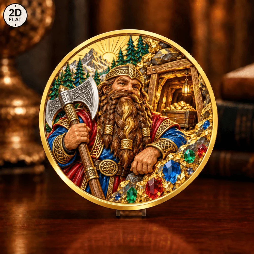 1pc Fantasy Dwarf Miner Metal Challenge Coin UV Color Print Axe Treasure Mine Cart Gemstone Commemorative Token Keepsake Gifts