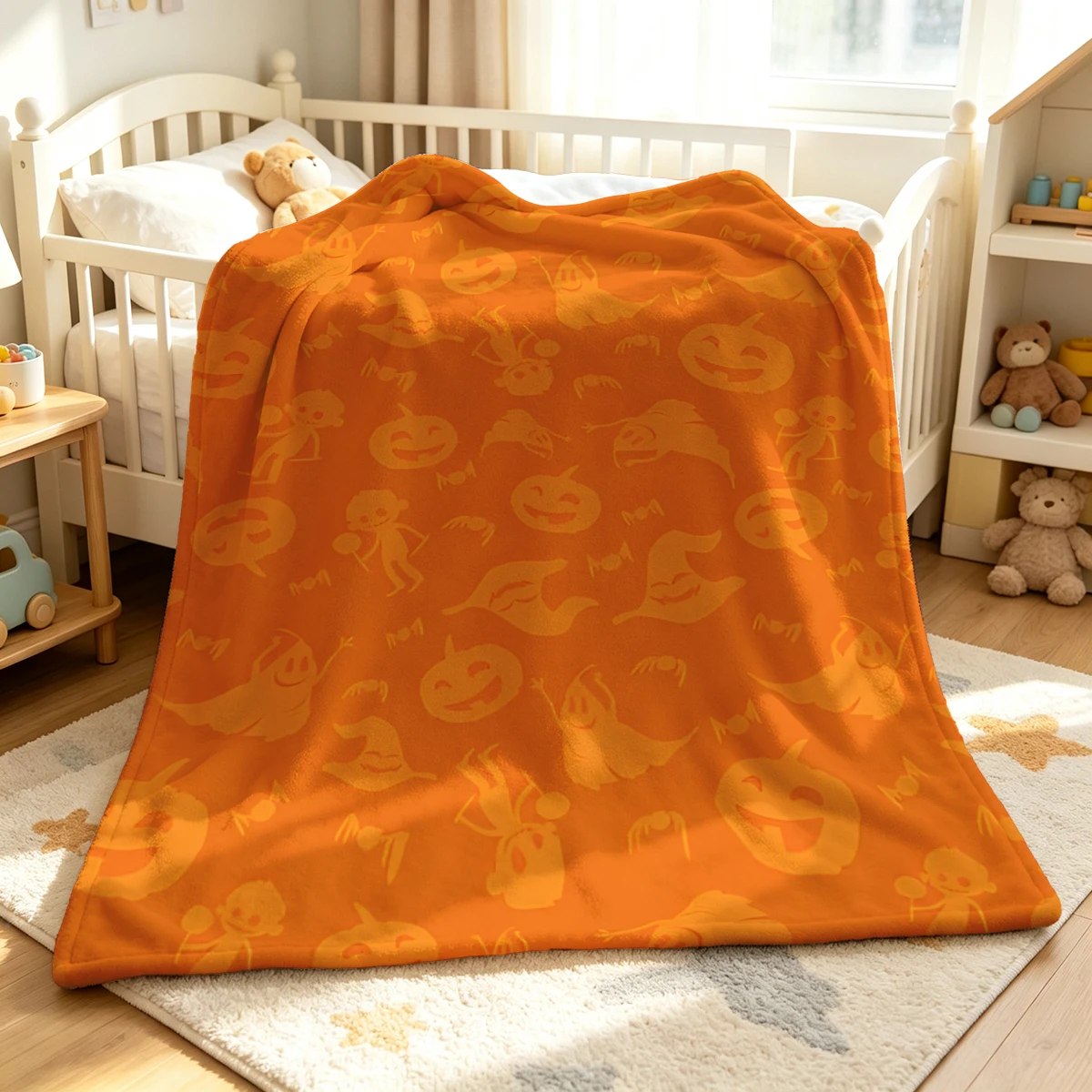 Orange Ghosts Lollipops Flannel Blanket Warm Soft Halloween Christmas Decorative Couch Warm Cozy All-Season Gift