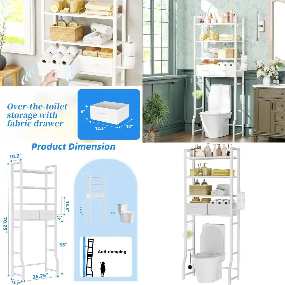 

Durable 4-Tier Over Toilet Storage Rack, Metal Bathroom Organizer with Drawers, White