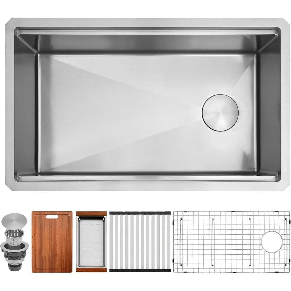 

Кухонная мойка Undermount, 30 дюймов, раковина для рабочей станции из нержавеющей стали 16 калибра, глубокая и большая кухонная мойка с одной чашей, смещенный слив