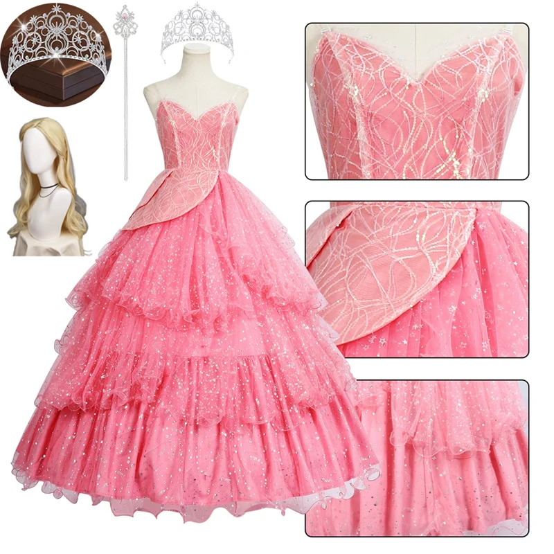 Disfraz de Cosplay para adulto de Wicked Glinda, la buena bruja, vestido de fantasía rosa para mujer para Halloween, Navidad, traje de juego de rol Comic-Con