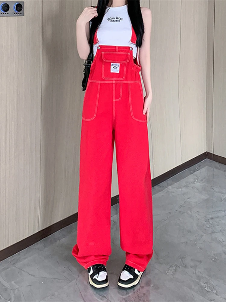 Women's Vintage Red Jumpsuits Denim Jumpsuit Y2k Harajuku Overalls Korean Streetwear High Waist Wide Leg Jean Pants Clothes 2024