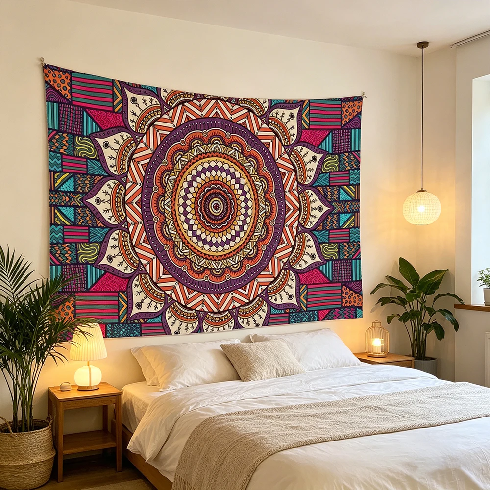 Bohemian Mandala Floral Wall Tapestry, Retro Ethnic Geometric Print Wall Hanging, Psychedelic Hippie Style Art Tapestry for Livi