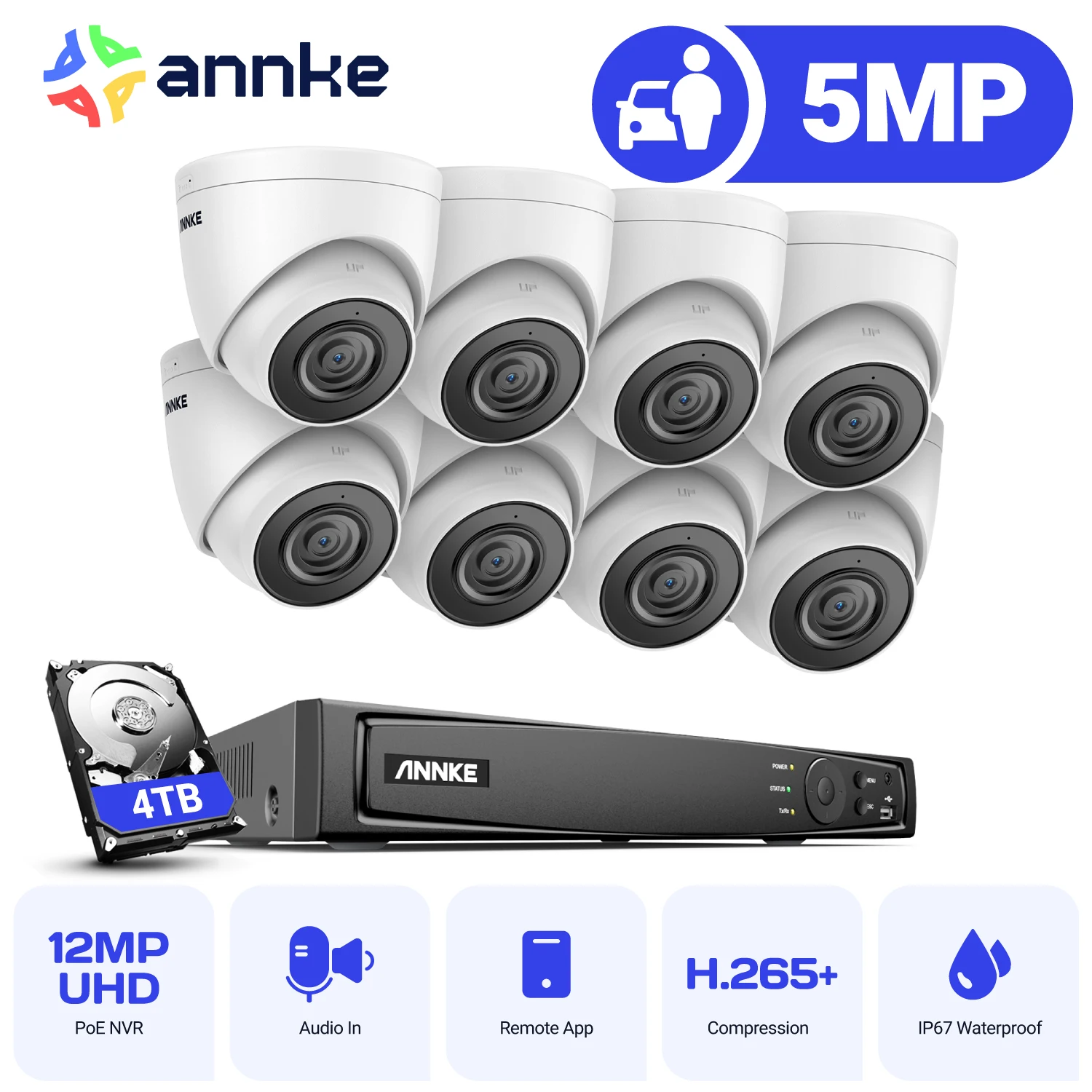 ANNKE 5MP PoE Security Camera Network IR Night Vision Camera Built-in Mic Remote Monitor 8CH NVR CCTV Surveillance Kit System