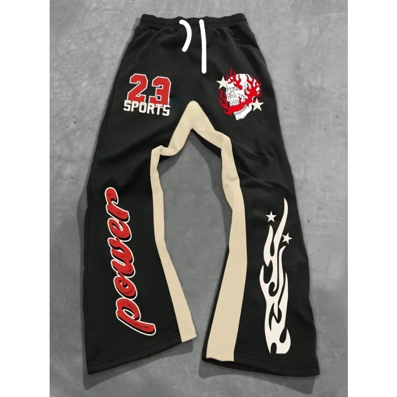 

Мужские повседневные уличные стильные модные модные слегка расклешенные спортивные штаны с мультяшным дизайном с цветными блоками, мужские брюки