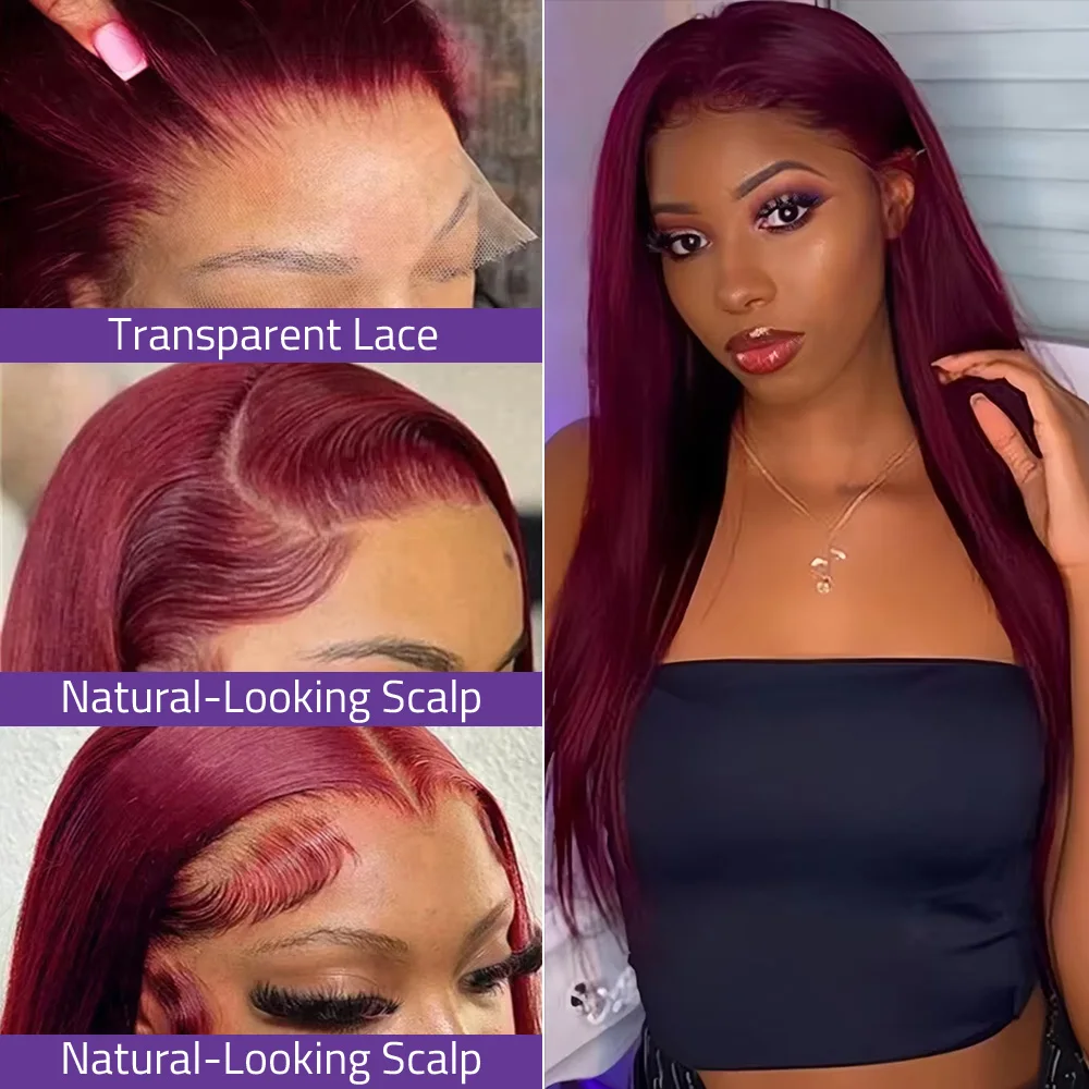 13x6 العظام مستقيم 99j بورجوندي الدانتيل الباروكة الأمامية شعر الإنسان البرازيلي 13x4 HD الدانتيل الجبهة الأحمر اللون الباروكات قبل قطعها للنساء