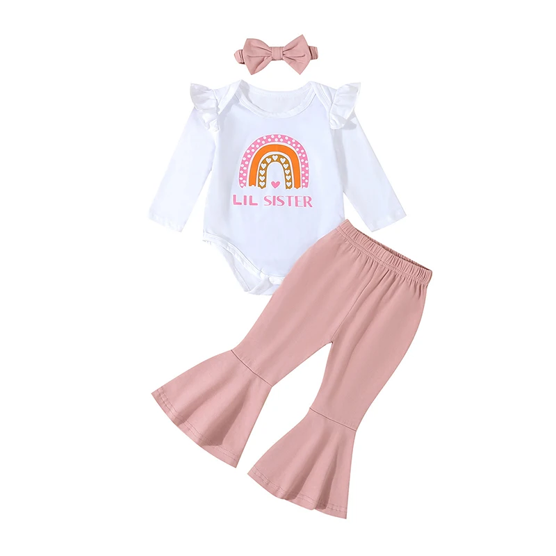 

Newborn Baby Girl Fall Outfit Rainbow Romper Letter Print Long Sleeve Jumpsuit Flare Pant Bow Headband 3 Piece Set